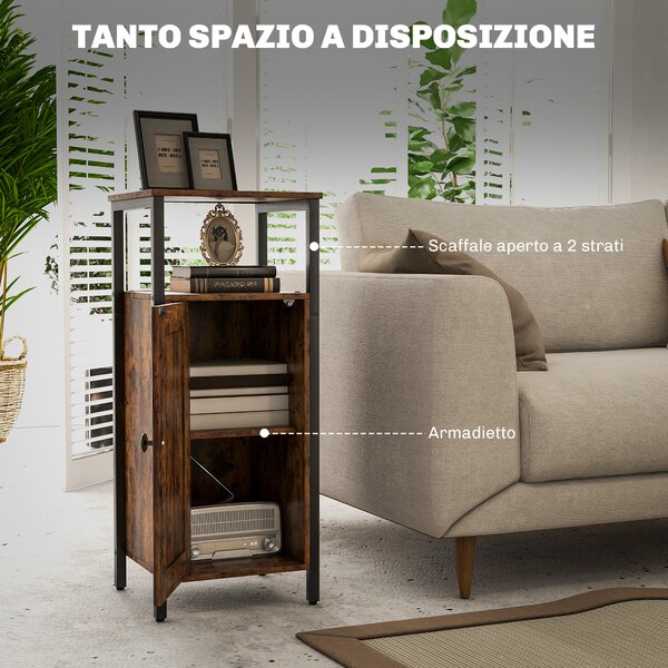 HOMCOM Comodino Industriale con 2 Ripiani e Scaffale Interno Regolabile, in Legno e Acciaio, 34x30x80 cm, Marrone