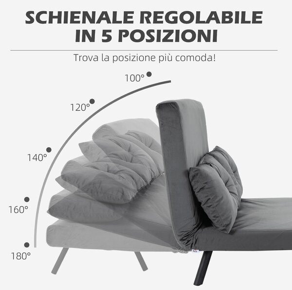 HOMCOM Divano Letto 3 in 1 in Tessuto Effetto Velluto con Schienale Regolabile e 2 Cuscini, 102x73x81 cm, Grigio Scuro
