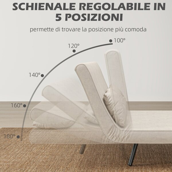 HOMCOM Divano Letto 3 in 1 in Tessuto Effetto Velluto con Schienale Regolabile e 2 Cuscini, 102x73x81 cm, Bianco Crema | Aosom Italy