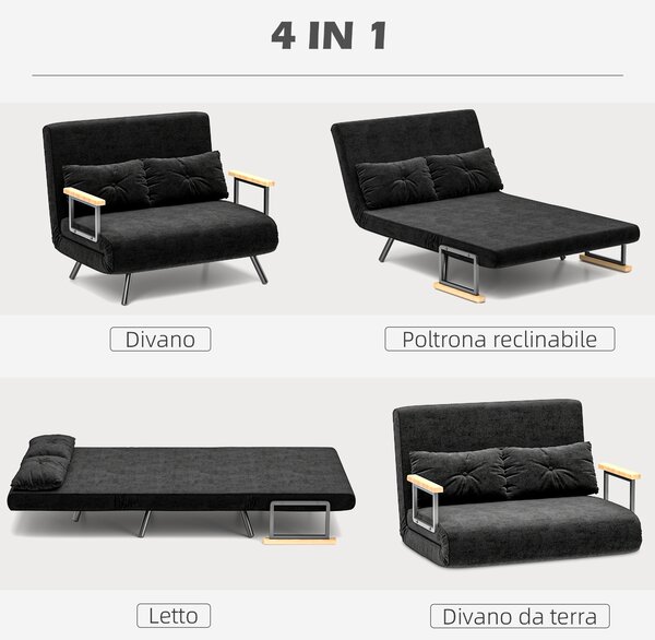 HOMCOM Divano Letto 3 in 1 in Tessuto Effetto Velluto con Schienale Regolabile e 2 Cuscini, 102x73x81 cm, Nero