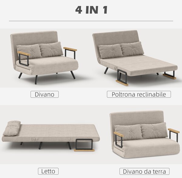 HOMCOM Divano Letto 3 in 1 in Tessuto Effetto Velluto con Schienale Regolabile e 2 Cuscini, 102x73x81 cm, Bianco Crema | Aosom Italy
