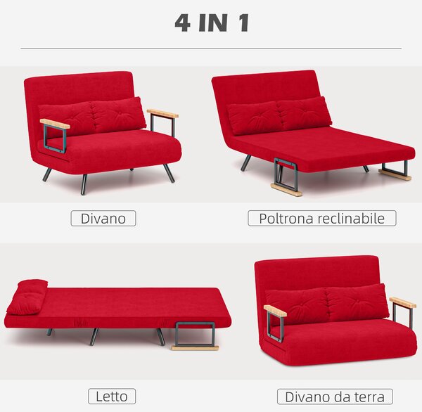 HOMCOM Divano Letto 4 in 1 in Tessuto Effetto Velluto con Schienale Regolabile e 2 Cuscini, 102x73x81 cm, Rosso