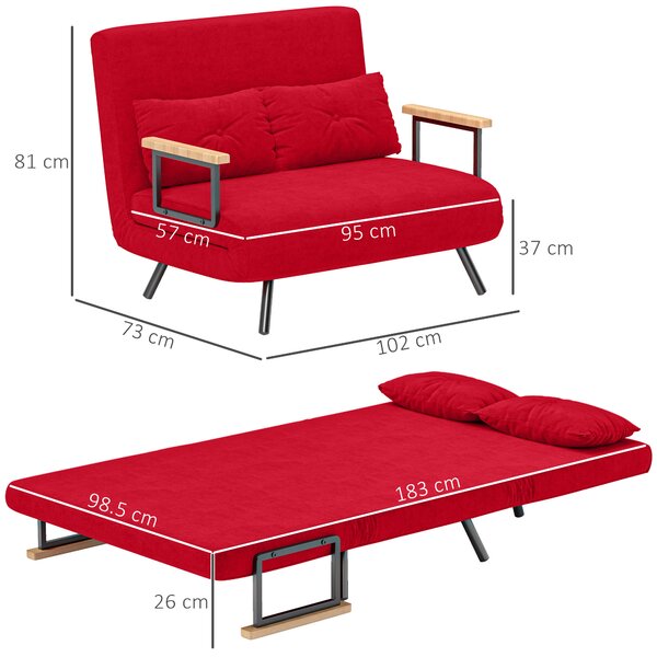 HOMCOM Divano Letto 4 in 1 in Tessuto Effetto Velluto con Schienale Regolabile e 2 Cuscini, 102x73x81 cm, Rosso
