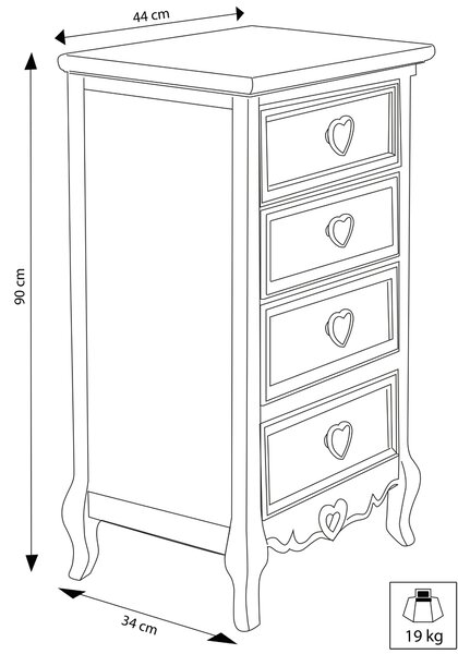 CAMILLE - cassettiera 4 cassetti in legno di paulownia shabby chic