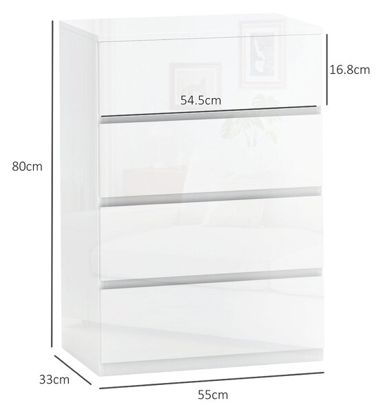 HOMCOM Cassettiera Moderna 4 Cassetti Antiribaltamento in Legno, 55x33x80 cm, Bianco Lucido