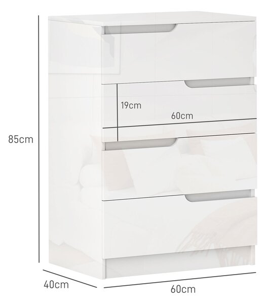 HOMCOM Cassettiera 4 Cassetti Moderna e Minimal in Legno, 60x40x85 cm, Bianco Lucido