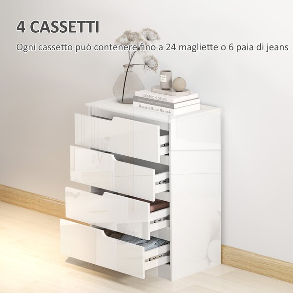 HOMCOM Cassettiera 4 Cassetti Moderna e Minimal in Legno, 60x40x85 cm, Bianco Lucido