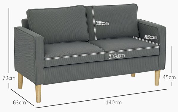 HOMCOM Divano 2 Posti con Spazio Contenitore e 2 Cuscini, in Tessuto Effetto Velluto e Legno, 140x63x79 cm, Grigio