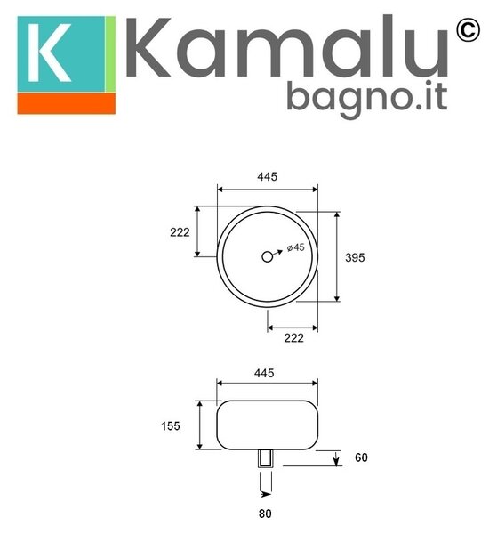 Kamalu lavabo da appoggio tondo 44.5cm in ceramica bianca | litos-t22