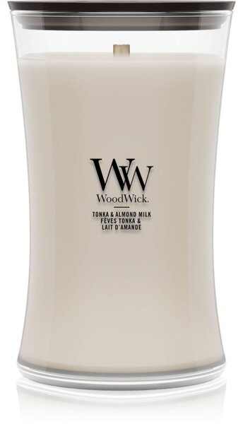 Woodwick Tonka & Almond Milk candela profumata con stoppino in legno 610 g