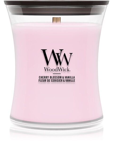 Woodwick Cherry Blossom & Vanilla candela profumata con stoppino in legno 275 g