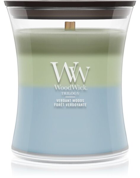 Woodwick Trilogy Verdant Woods candela profumata con stoppino in legno 275 g