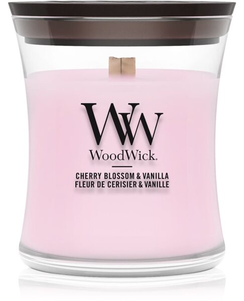 Woodwick Cherry Blossom & Vanilla candela profumata con stoppino in legno 85 g