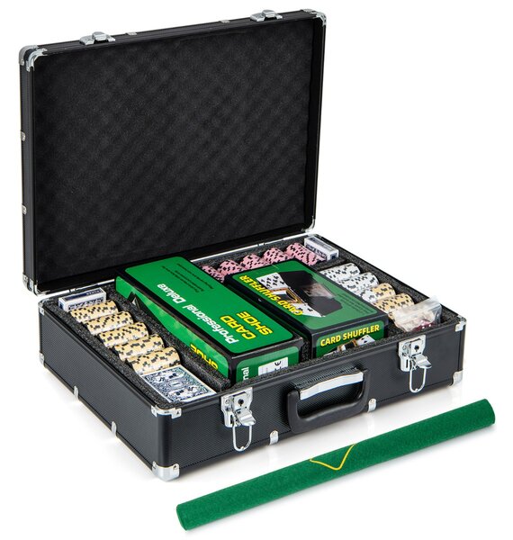 Costway Set di fiches da poker da 600 pezzi, Fiches claytec da 14 grammi con custodia 6 mazzi di carte tappeto da poker Nero