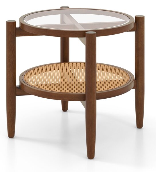 Costway Tavolino rotondo a due livelli per soggiorno, Tavolino da caffè in rattan PE con piano in vetro temperato Marrone