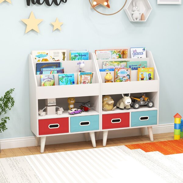 Costway Libreria per bambini con libreria a 3 ripiani scomparto aperto e 2 cassetti in tessuto pieghevoli, Scaffale in legno Bianco