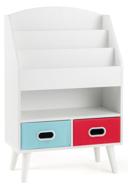 Costway Libreria per bambini con libreria a 3 ripiani scomparto aperto e 2 cassetti in tessuto pieghevoli, Scaffale in legno Bianco