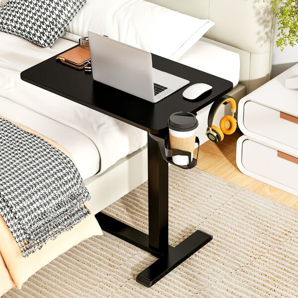 Costway Tavolo laterale da letto regolabile in altezza con portabicchieri, Scrivania pneumatica per laptop con ruote nascoste Nero