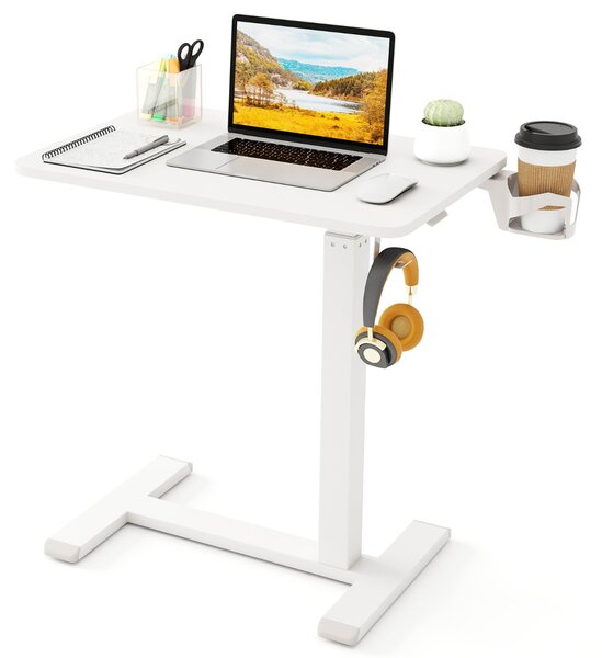 Costway Tavolo laterale da letto regolabile in altezza con portabicchieri, Scrivania pneumatica per laptop con ruote nascoste Bianco