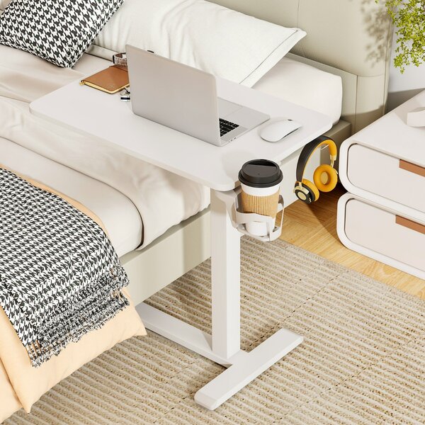 Costway Tavolo laterale da letto regolabile in altezza con portabicchieri, Scrivania pneumatica per laptop con ruote nascoste Bianco