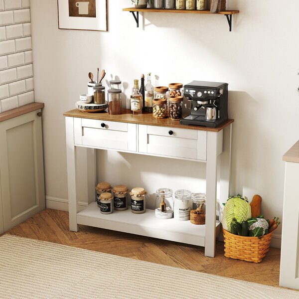 Costway Tavolo da ingresso stretto da 106 cm con ripiano aperto per soggiorno, Tavolo consolle in stile casale con 2 cassetti Bianco
