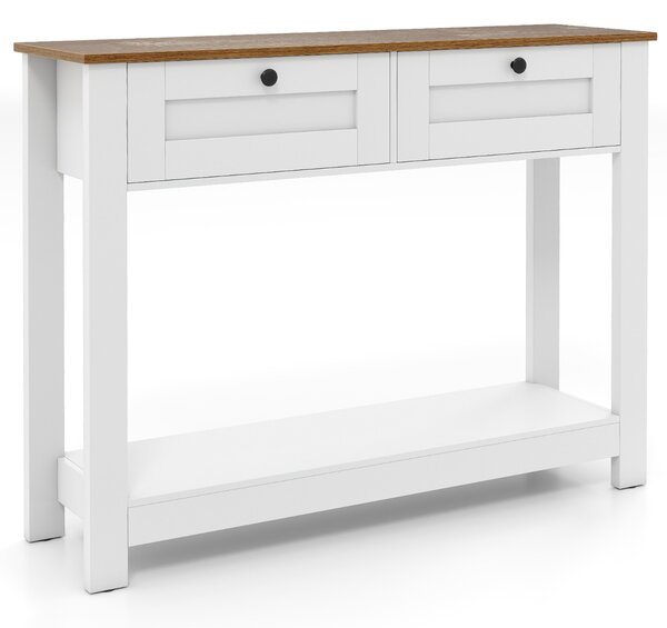 Costway Tavolo da ingresso stretto da 106 cm con ripiano aperto per soggiorno, Tavolo consolle in stile casale con 2 cassetti Bianco