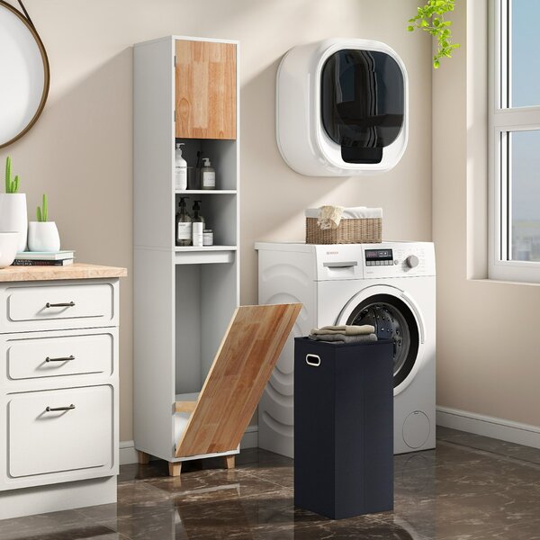 Costway Armadio per biancheria con 3 ripiani e cesta porta biancheria rimovibile, Unità alta per bagno con ante in legno in gomma