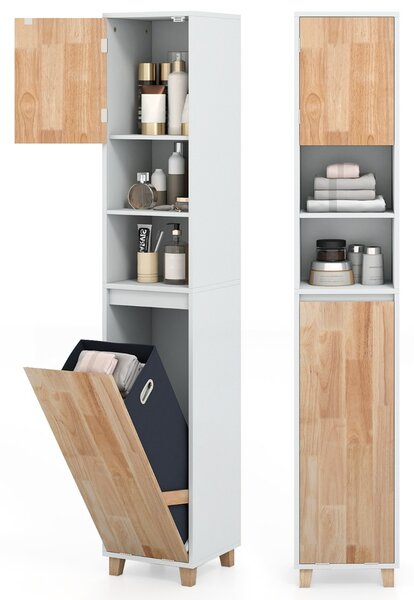 Costway Armadio per biancheria con 3 ripiani e cesta porta biancheria rimovibile, Unità alta per bagno con ante in legno in gomma