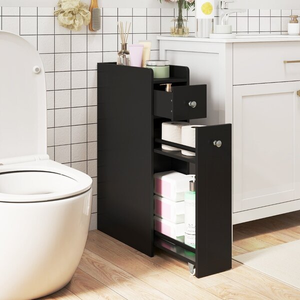 Costway Armadietto da bagno stretto a 4 ripiani con cassetti estraibili, Armadietto da bagno armadio da bagno Nero