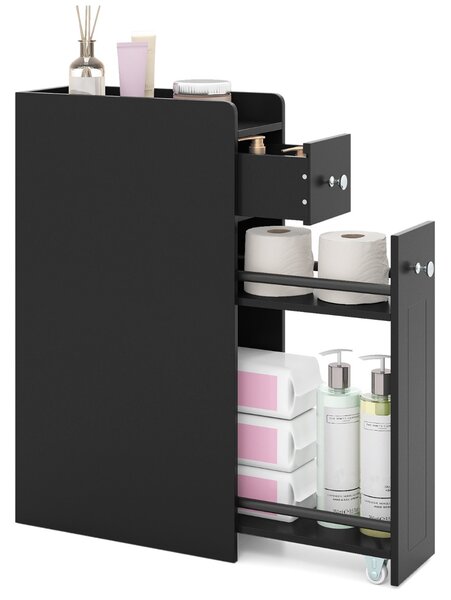 Costway Armadietto da bagno stretto a 4 ripiani con cassetti estraibili, Armadietto da bagno armadio da bagno Nero