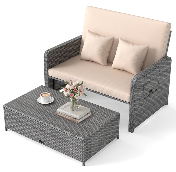 Costway Divano letto in rattan per patio con schienale regolabile e tavolini pieghevoli, Set 2 pezzi con divanetto e pouf per giardino e piscina Beige