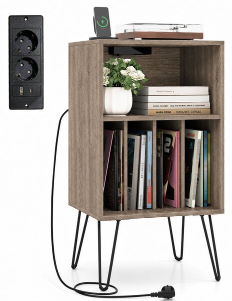 Costway Supporto per giradischi con stazione di ricarica porta vinili con scomparti, Supporto tavolo porta dischi con gambe in metallo Grigio