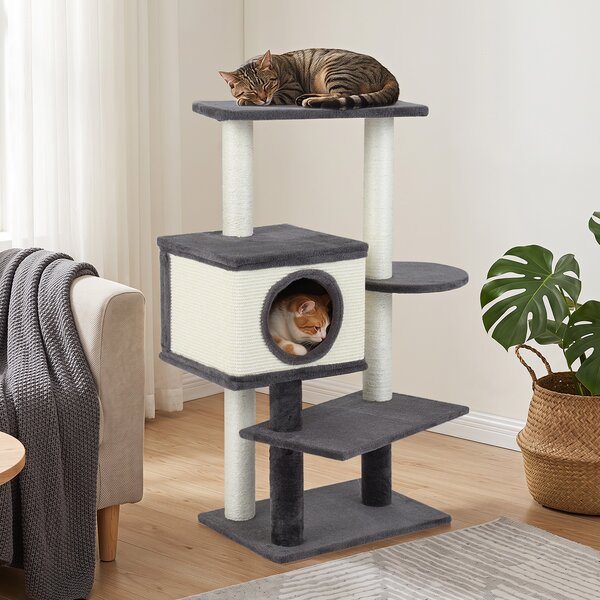 Costway Albero tiragraffi per gatti 99 cm 5 livelli con cuccia posatoi trespolo e pali graffiatoi, Albero tiragraffi per gatti adulti e piccoli
