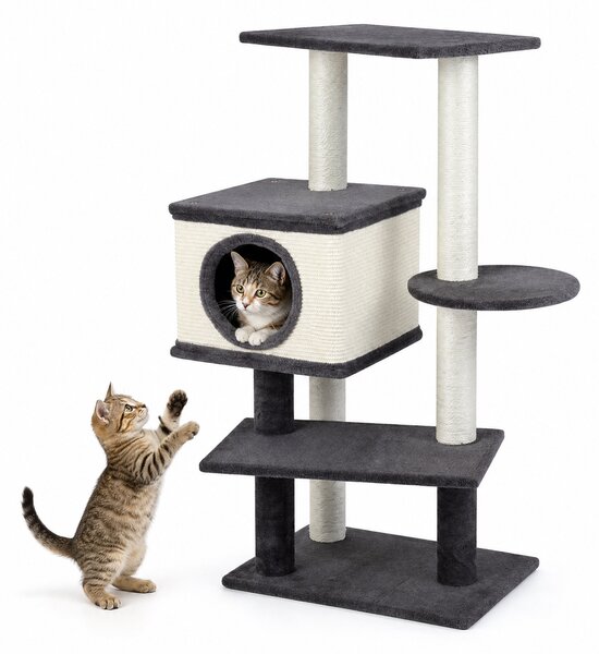 Costway Albero tiragraffi per gatti 99 cm 5 livelli con cuccia posatoi trespolo e pali graffiatoi, Albero tiragraffi per gatti adulti e piccoli