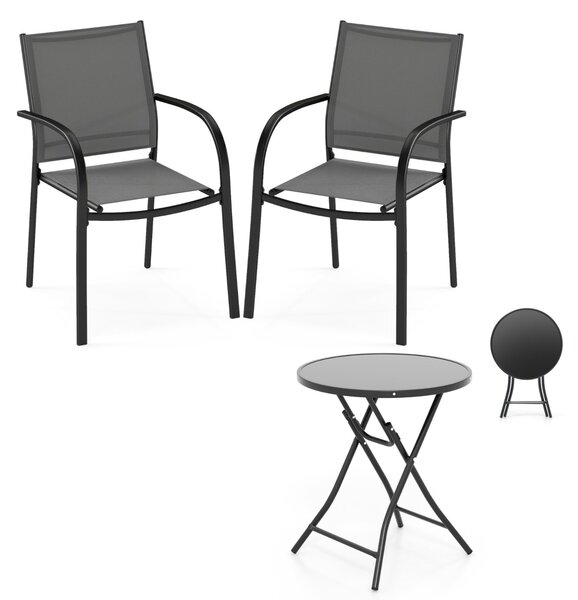 Costway Tavolino pieghevole per giardino e set di 2 sedie da pranzo impilabili in metallo, Tavolo rotondo da 59 cm e set di 2 sedie da giardino