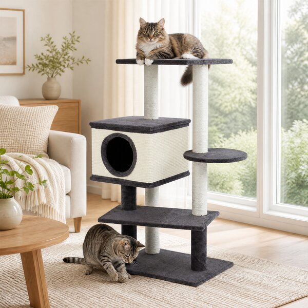 Costway Albero tiragraffi per gatti 99 cm 5 livelli con cuccia posatoi trespolo e pali graffiatoi, Albero tiragraffi per gatti adulti e piccoli