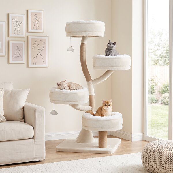 Costway Albero tiragraffi per gatti a 4 livelli 132 cm con posatoi pali graffiatoi e pompon, Tira graffi per gatti adulti e piccoli