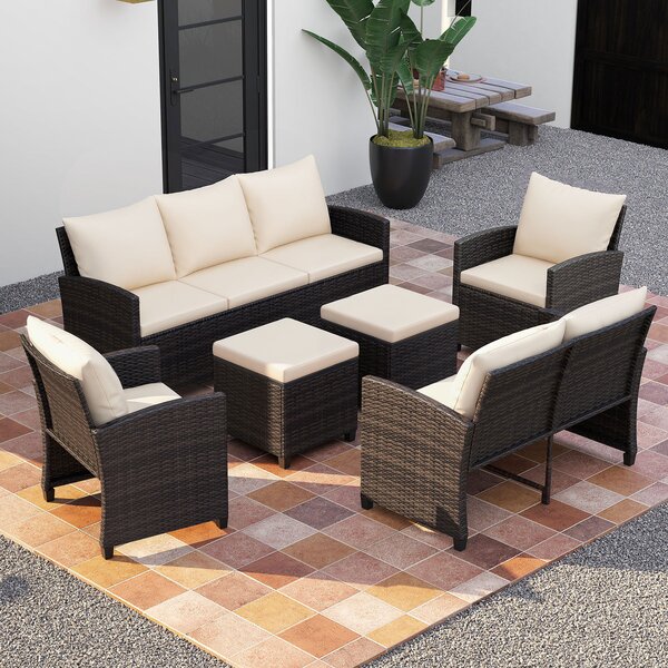 Costway Set salotto da esterno in rattan PE con divano a 3 posti divano a 2 posti, Set da giardino con 2 poltrone e 2 poggiapiedi Beige