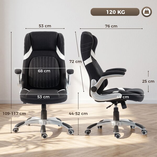 Vinsetto Sedia Ufficio Ergonomica in Tessuto Effetto Lino con Supporto Lombare, Altezza Regolabile, Dondolo, Nero | Aosom Italy