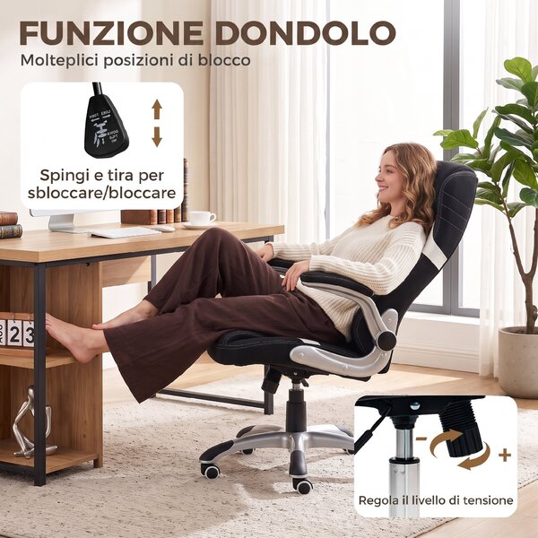 Vinsetto Sedia Ufficio Ergonomica in Tessuto Effetto Lino con Supporto Lombare, Altezza Regolabile, Dondolo, Nero | Aosom Italy