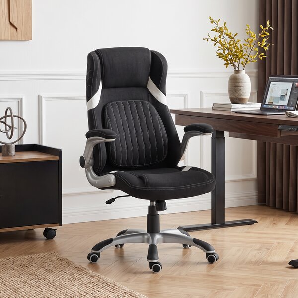 Vinsetto Sedia Ufficio Ergonomica in Tessuto Effetto Lino con Supporto Lombare, Altezza Regolabile, Dondolo, Nero | Aosom Italy
