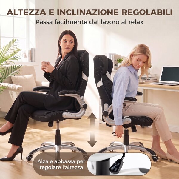 Vinsetto Sedia Ufficio Ergonomica in Tessuto Effetto Lino con Supporto Lombare, Altezza Regolabile, Dondolo, Nero | Aosom Italy