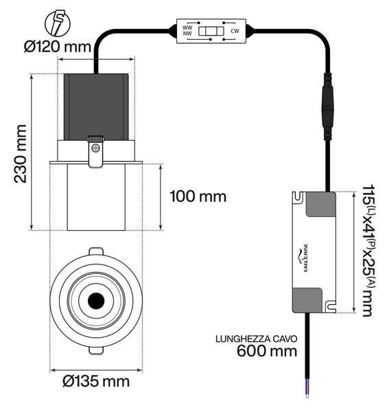 Faro LED da Incasso 30W Orientabile CCT Foro Ø120mm 60° Bridgelux LED Colore Bianco Variabile CCT