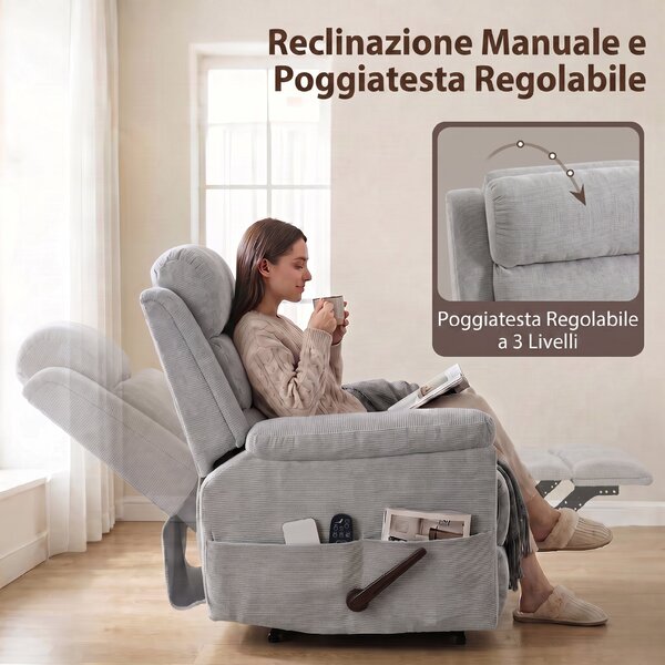 HOMCOM Poltrona Massaggiante Reclinabile Manuale 135° Riscaldante, Poggiatesta Regolabile, Ciniglia, Grigio Chiaro | Aosom Italy