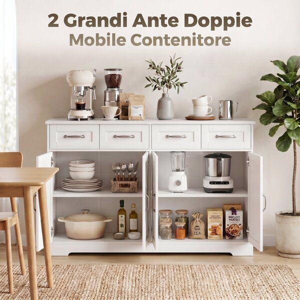 HOMCOM Credenza Buffet, 140 cm Mobile da Cucina Moderno in Stile Country, Bianco | Aosom Italy