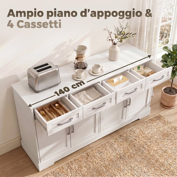 HOMCOM Credenza Buffet, 140 cm Mobile da Cucina Moderno in Stile Country, Bianco | Aosom Italy