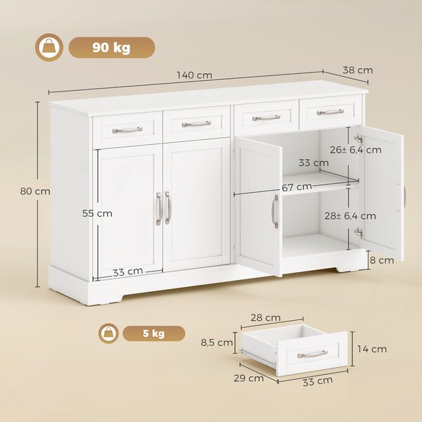HOMCOM Credenza Buffet, 140 cm Mobile da Cucina Moderno in Stile Country, Bianco | Aosom Italy