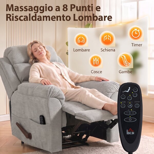 HOMCOM Poltrona Massaggiante Reclinabile Manuale 135° Riscaldante, Poggiatesta Regolabile, Ciniglia, Grigio Chiaro | Aosom Italy