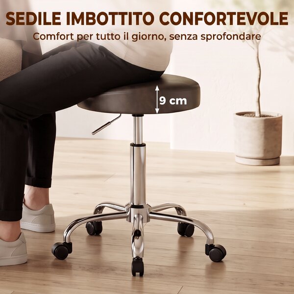HOMCOM Sgabello Girevole a 360° con Altezza Regolabile, in Finta Pelle, Capacità 120 kg, 39x34.5x52-67.5 cm, Marrone | Aosom Italy