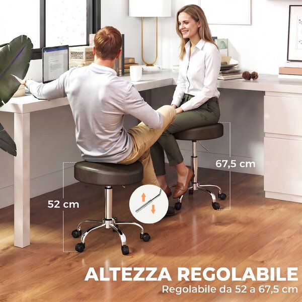HOMCOM Sgabello Girevole a 360° con Altezza Regolabile, in Finta Pelle, Capacità 120 kg, 39x34.5x52-67.5 cm, Marrone | Aosom Italy